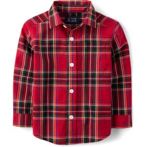 imageThe Childrens Place Big Boys Long Sleeve Poplin Button Down ShirtRed Tartan Print