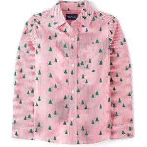 imageThe Childrens Place Big Boys Long Sleeve Poplin Button Down ShirtRed Trees