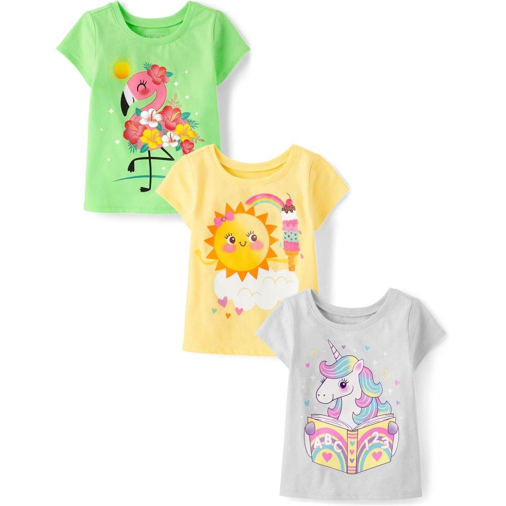 imageThe Childrens Place BabyGirls and Toddler Assorted Everyday Short Sleeve Graphic TShirtsmultipacksUnicornIce CreamFlamingo 3pack