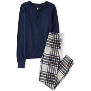 imageThe Childrens Place boys 100 Cotton Long Sleeve Top and Pants2 Piece Pajama SetBlue Vanilla Plaid Henley