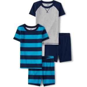 imageThe Childrens Place boys Short Sleeve Top and Shorts Snug Fit 100 Cotton 4 Piece Pajama SetTidal RaglanStripe 2pack