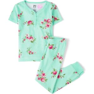 imageThe Childrens Place Girls 100 Cotton Short Sleeve Top and Pants2 Piece Pajama SetMint Floral