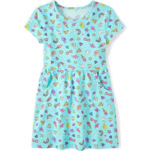 imageThe Childrens Place Girls Plaid Stretch Jacquard Short Sleeve DressLight Blue Doodle Pocket