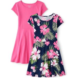 imageThe Childrens Place Girls Plaid Stretch Jacquard Short Sleeve DressPink Tropic 2pack