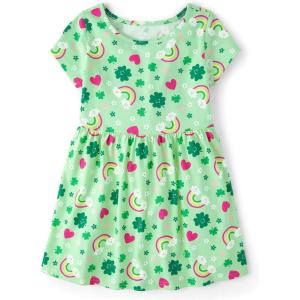 imageThe Childrens Place Girls Plaid Stretch Jacquard Short Sleeve DressSt Patricks Print