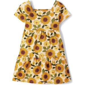 imageThe Childrens Place Girls Plaid Stretch Jacquard Short Sleeve DressYellow Sunflower Tiered