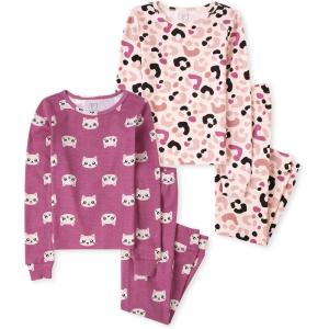 imageThe Childrens Place girls Long Sleeve Top and Pants Snug Fit 100 Cotton 2 Piece Pajama SetLeopardCats 2pack