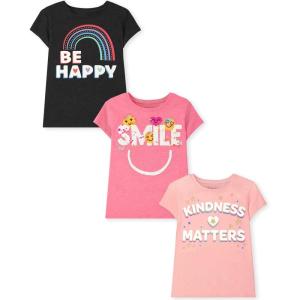 imageThe Childrens Place Girls SportsTrendsIcons Short Sleeve Graphic TShirts3 PackBe HappySmileKindness Matters