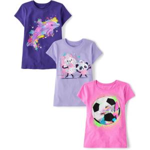 imageThe Childrens Place Girls SportsTrendsIcons Short Sleeve Graphic TShirts3 PackDolphinPandasSoccer Ball