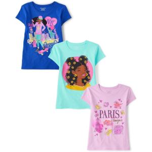 imageThe Childrens Place Girls SportsTrendsIcons Short Sleeve Graphic TShirts3 PackParisNycFlower Girl