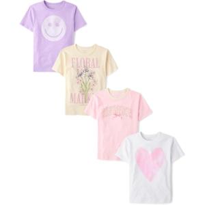 imageThe Childrens Place Girls TrendsIcons Short Sleeve Graphic TShirts4 PackKindnessFaceFloralHeart