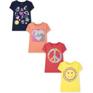 imageThe Childrens Place Girls TrendsIcons Short Sleeve Graphic TShirts4 PackLoveDoodlesHappyPeace Sign