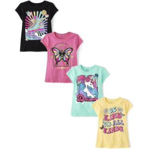 imageThe Childrens Place Girls TrendsIcons Short Sleeve Graphic TShirts4 PackSkateButterflyDreamBe Kind
