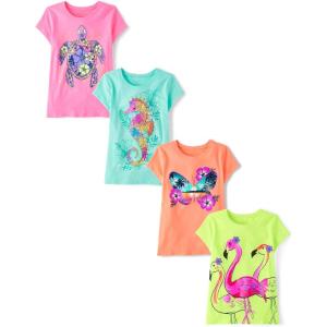 imageThe Childrens Place Girls TrendsIcons Short Sleeve Graphic TShirts4 PackTurtleButterflyFlamingoSeashorse