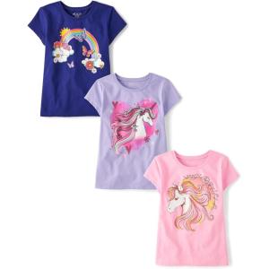 imageThe Childrens Place Girls UnicornsButterfly Short Sleeve Graphic TShirts3 PackRainbowUnicorn HeartUnicorn