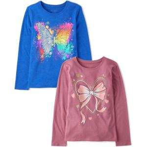 imageThe Childrens Place Girls UnicornsSportsButterflies Long Sleeve Graphic TShirts2 PackBow HeartRainbow Butterfly