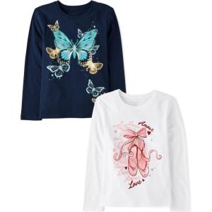 imageThe Childrens Place Girls UnicornsSportsButterflies Long Sleeve Graphic TShirts2 PackButterfliesBallet Slippers