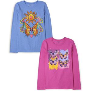 imageThe Childrens Place Girls UnicornsSportsButterflies Long Sleeve Graphic TShirts2 PackButterfly SunButterflies