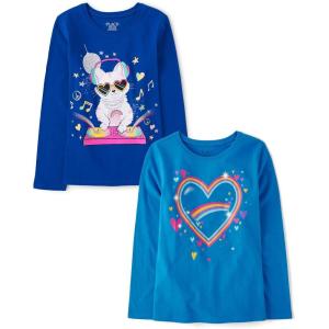imageThe Childrens Place Girls UnicornsSportsButterflies Long Sleeve Graphic TShirts2 PackCat DjHeart Rainbow