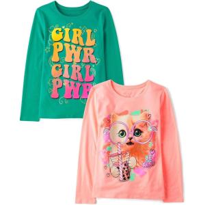imageThe Childrens Place Girls UnicornsSportsButterflies Long Sleeve Graphic TShirts2 PackCat GlassesGirl Pwr