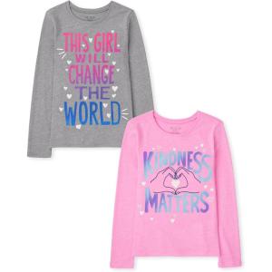 imageThe Childrens Place Girls UnicornsSportsButterflies Long Sleeve Graphic TShirts2 PackChange WorldKindness Matters