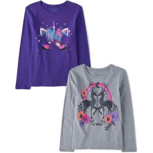 imageThe Childrens Place Girls UnicornsSportsButterflies Long Sleeve Graphic TShirts2 PackDeerUnicorn Face