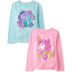 imageThe Childrens Place Girls UnicornsSportsButterflies Long Sleeve Graphic TShirts2 PackFox FlowersUnicorn