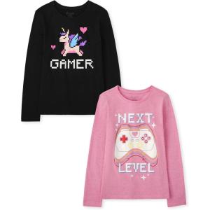imageThe Childrens Place Girls UnicornsSportsButterflies Long Sleeve Graphic TShirts2 PackNext LevelGamer
