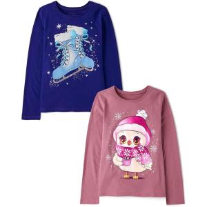 imageThe Childrens Place Girls UnicornsSportsButterflies Long Sleeve Graphic TShirts2 PackOwl ScarfIce Skates