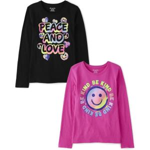 imageThe Childrens Place Girls UnicornsSportsButterflies Long Sleeve Graphic TShirts2 PackPeace LoveBe Kind