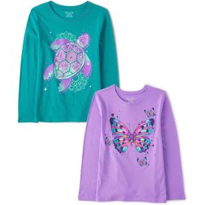 imageThe Childrens Place Girls UnicornsSportsButterflies Long Sleeve Graphic TShirts2 PackTurtleButterfly