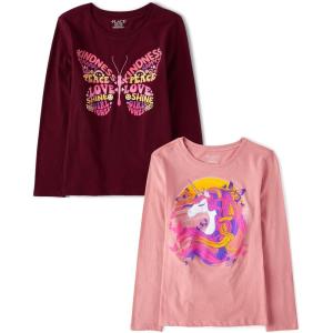 imageThe Childrens Place Girls UnicornsSportsButterflies Long Sleeve Graphic TShirts2 PackUnicorn ButterfliesButterfly