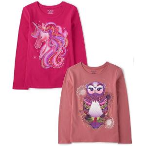 imageThe Childrens Place Girls UnicornsSportsButterflies Long Sleeve Graphic TShirts2 PackUnicornOwl