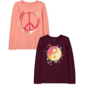 imageThe Childrens Place Girls UnicornsSportsButterflies Long Sleeve Graphic TShirts2 PackYin YangPeace Sign