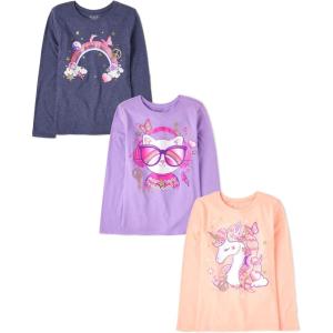 imageThe Childrens Place Girls UnicornsSportsButterflies Long Sleeve Graphic TShirts3 PackCat SunglassesRainbowUnicorn