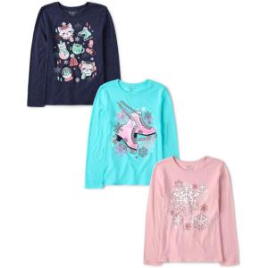 imageThe Childrens Place Girls UnicornsSportsButterflies Long Sleeve Graphic TShirts3 PackIce SkatesWinter IconsSnowflakes