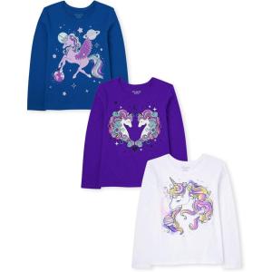 imageThe Childrens Place Girls UnicornsSportsButterflies Long Sleeve Graphic TShirts3 PackUnicornsUnicornSpace Unicorn
