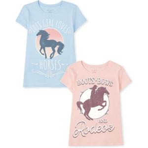 imageThe Childrens Place Girls UnicornsSportsButterflies Short Sleeve Graphic TShirts2 PackBoots BowsLove Horses