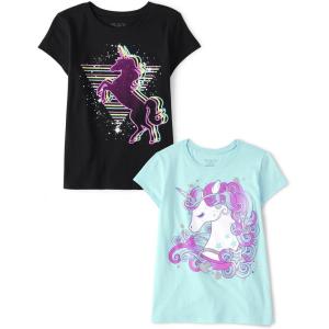 imageThe Childrens Place Girls UnicornsSportsButterflies Short Sleeve Graphic TShirts2 PackGalaxy UnicornDream Unicorn