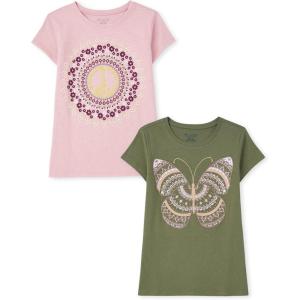 imageThe Childrens Place Girls UnicornsSportsButterflies Short Sleeve Graphic TShirts2 PackPeace SignButterfly