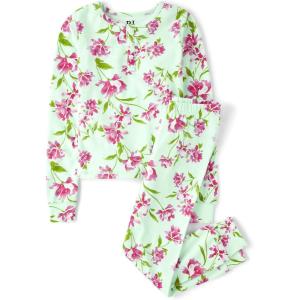 imageThe Childrens Place girls Long Sleeve Top and Pants Snug Fit 100 Cotton 2 Piece Pajama SetGlade Green
