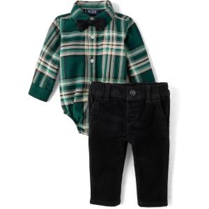 imageThe Childrens Place Baby Boys And Newborn Button Down Shirt and Pants 2 Piece OutfitBalt Green Plaid
