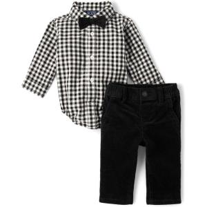 imageThe Childrens Place Baby Boys And Newborn Button Down Shirt and Pants 2 Piece OutfitBlack Check