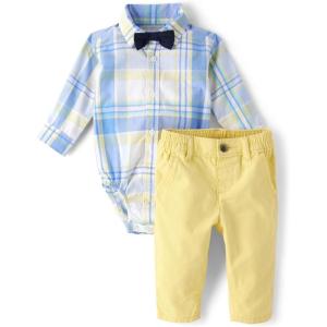 imageThe Childrens Place Baby Boys And Newborn Button Down Shirt and Pants 2 Piece OutfitBlue Yellow Plaid Set