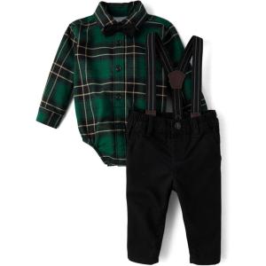imageThe Childrens Place Baby Boys And Newborn Button Down Shirt and Pants 2 Piece OutfitGreen Plaid Set