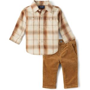 imageThe Childrens Place Baby Boys And Newborn Button Down Shirt and Pants 2 Piece OutfitIced Coffee Flannel