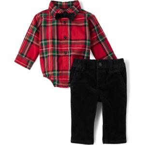 imageThe Childrens Place Baby Boys And Newborn Button Down Shirt and Pants 2 Piece OutfitRed Tartan