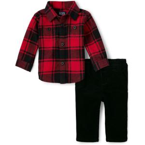 imageThe Childrens Place Baby Boys And Newborn Button Down Shirt and Pants 2 Piece OutfitRedBlack Plaid