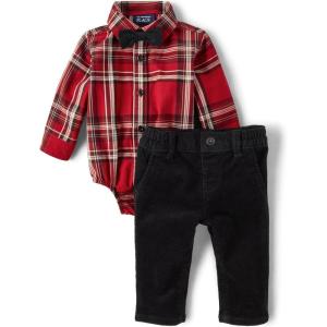 imageThe Childrens Place Baby Boys And Newborn Button Down Shirt and Pants 2 Piece OutfitRedochre