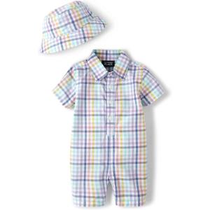 imageThe Childrens Place Baby Boys And Newborn Woven Plaid Romper and Hat 2piece SetMulti Check Plaid